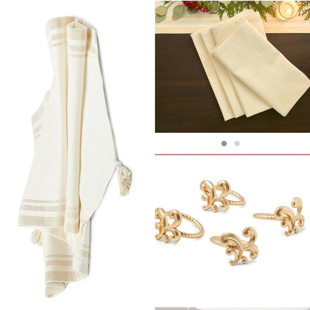 Juego de mantel, servilletas y anillos para servilletas.